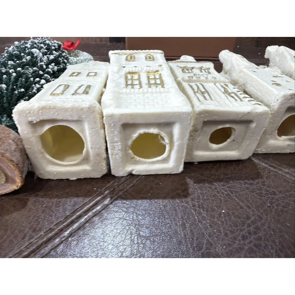 Miniature Ceramic White Gold Trim Village Houses Glitters Lot of 5 Vintage Trees